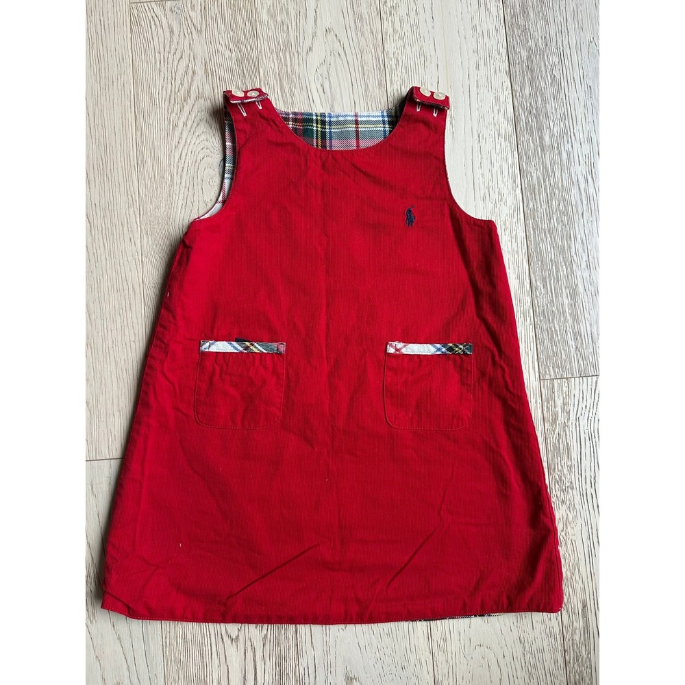 Ralph Lauren Toddler Girls Red Corduroy Reversible Plaid Jumper Dress 3T